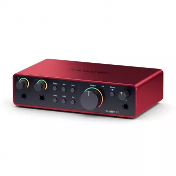 Interfaccia audio Focusrite Scarlett 2i2 4th Gen — 2-in/2-out USB-C, 24-Bit/192 kHz, preamplificatore 69 dB, desktop, nero/rosso