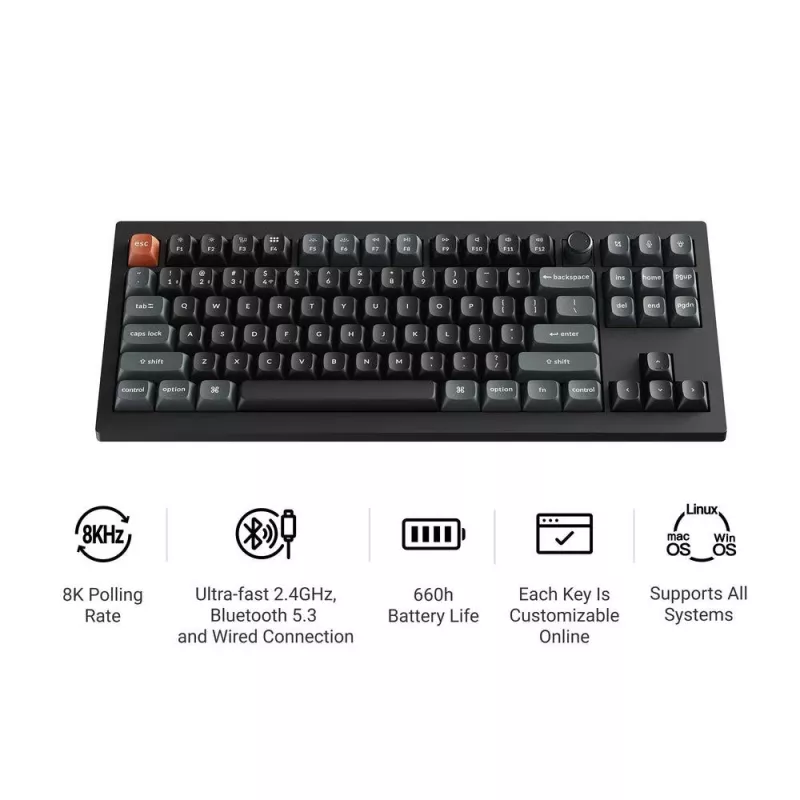 Tastiera meccanica Keychron V3 Ultra 8K — con filo e Bluetooth, layout QWERTY, RGB LED, nero