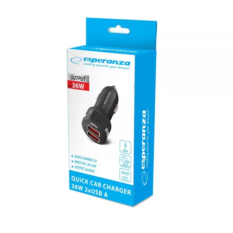 Esperanza EZ110 (EZC110K) caricabatterie da auto, 36 W, 2x USB-A da 18 W, nero