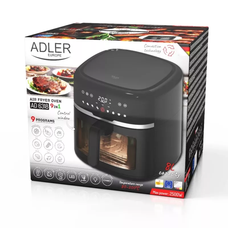 Adler AD 6318 friggitrice ad aria, 8 l, 2500 W, display LCD, 9 programmi, nera
