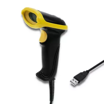 Lettore di codici a barre portatile QOLTEC 50867 — scanner laser 1D/2D, USB con filo, portata 600 mm, giallo/nero
