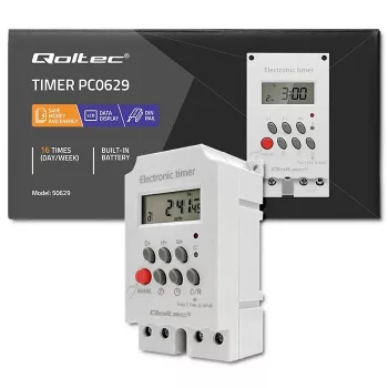 Timer elettronico per guida DIN QOLTEC PC0629 — alimentazione 24V, uscita 16A