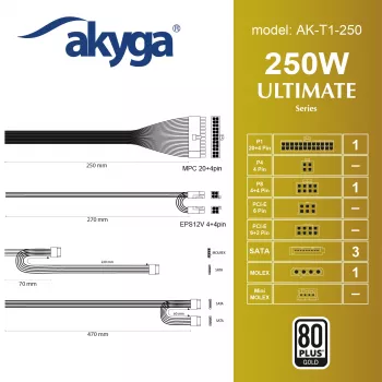 Akyga AK-T1-250 Alimentatore TFX da 250 W, 80 PLUS Gold, PFC attivo, ventola da 80 mm, grigio