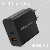 Qoltec 52381 Super Quick caricabatterie PD | 1xUSB-C | 1xUSB | 90W | 5-20V | 2,4-4,35A | nero