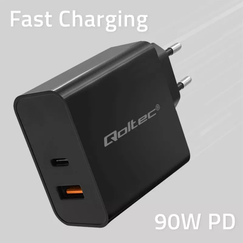 Qoltec 52381 Super Quick caricabatterie PD | 1xUSB-C | 1xUSB | 90W | 5-20V | 2,4-4,35A | nero