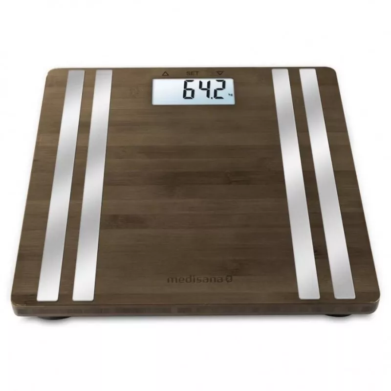 Bilancia pesapersone elettronica Medisana BS 552 — color argento con superficie in bambù, max 180 kg, precisione 100 g, Bluetooth, BMI, composizione corporea