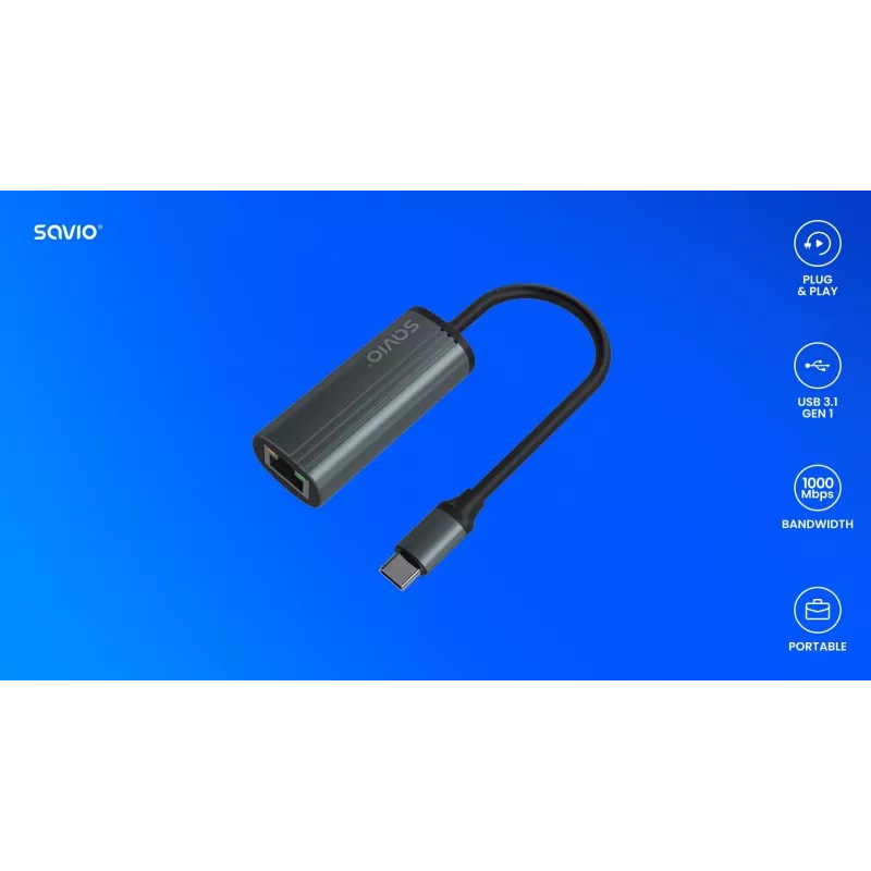 Adattatore SAVIO USB-C 3.1 Gen.1 (M) a RJ-45 Gigabit Ethernet (F), 1000 Mbps, AK-56, grigio