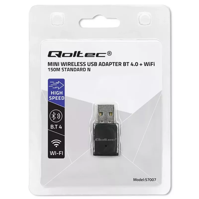 Adattatore mini USB Wi-Fi wireless compatto QOLTEC 57007 – Single-Band 2,4 GHz, fino a 150 Mbit/s, antenna interna