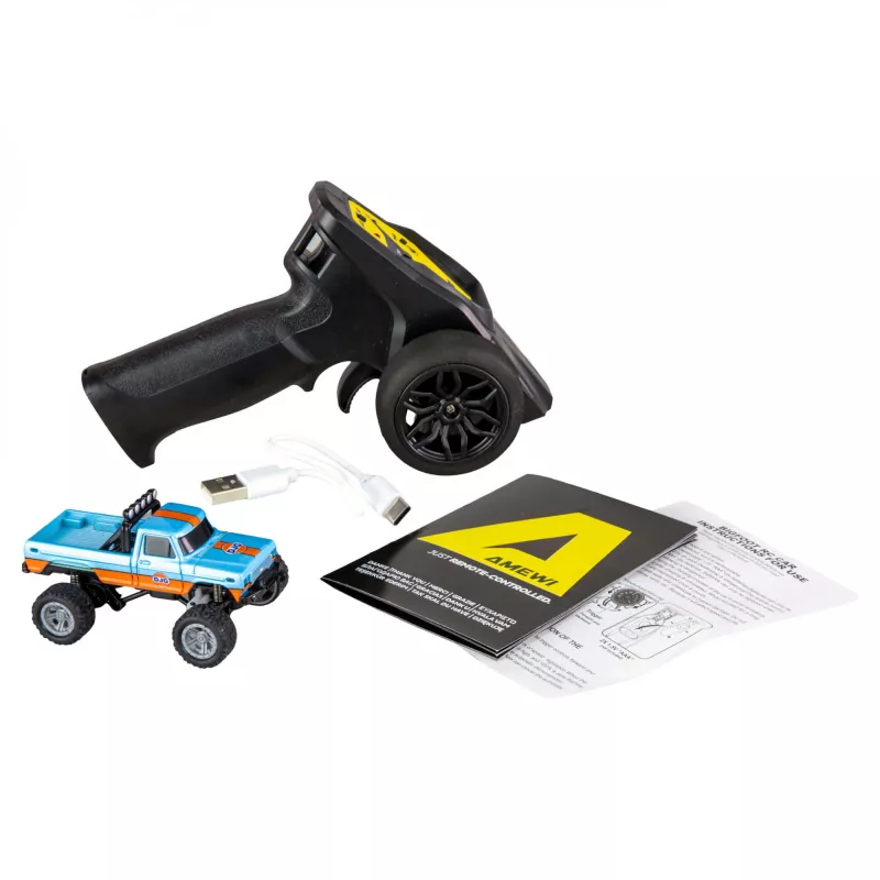 Monster Truck radiocomandato Amewi DieCast 1:64 RTR, blu/arancione