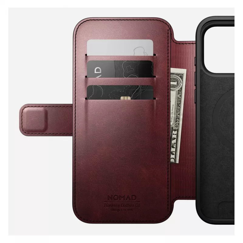 Custodia per smartphone Nomad Modern Leather Folio per iPhone 17 Pro Max — pelle, TPU, PC, alluminio, bordeaux, 16 cm (6,3 pollici)