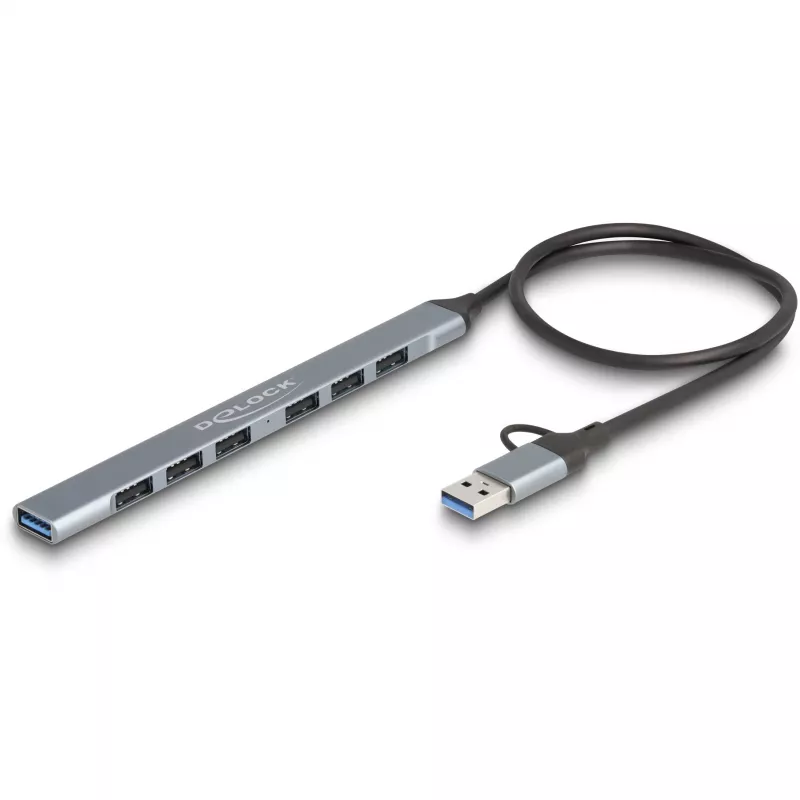 Delock 64273 hub USB sottile a 7 porte, USB Type-C o Type-A su 1x USB 5 Gbps Type-A + 6x USB 2.0 Type-A