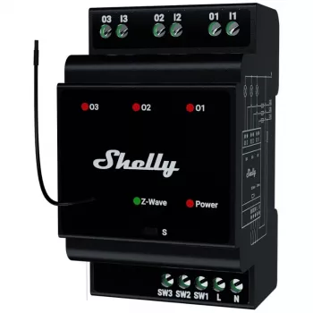 Relè intelligente Shelly Wave PRO 3 — nero, custodia in plastica, 110–240 V AC, 50–60 Hz, 0,3 W, 53×59×96 mm