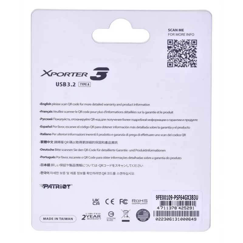 Chiavetta USB PATRIOT Xporter 64 GB USB Type-A 3.2 Gen 1 (a scorrimento, nero, 80 MB/s)