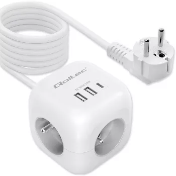 Power Cube QOLTEC 52547 ciabatta 3×prese AC, 2×USB-A, 1×USB-C PD 20W