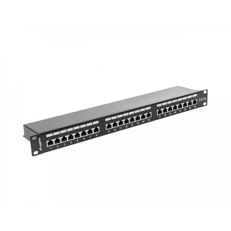 Patch panel 1U LANBERG PPS5-1024-B — 24 porte RJ-45 Cat5, metallo, nero, montaggio su rack