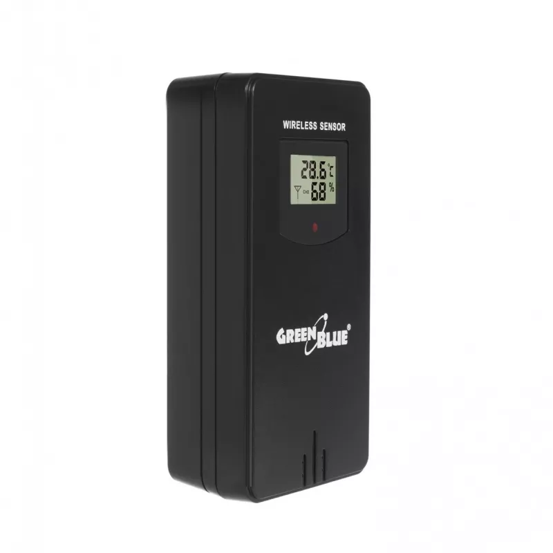 Igrometro termometro GreenBlue GB540 — interno 0–50°C / esterno -20–65°C, orologio DCF, sensore esterno 60 m, nero