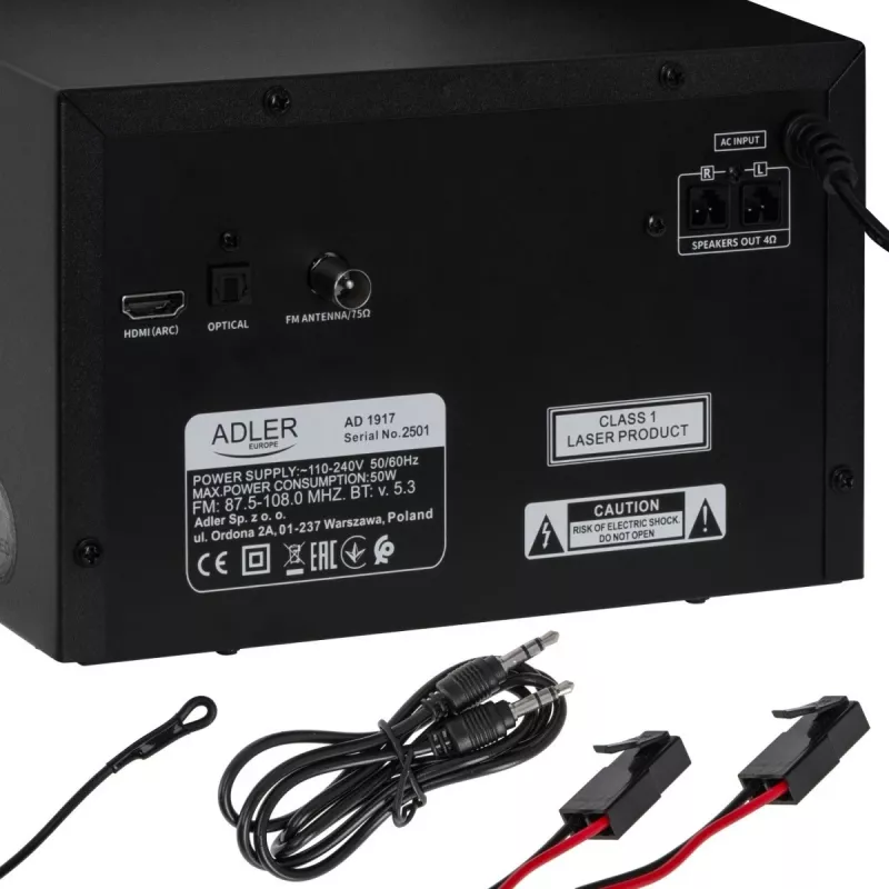 Mini sistema stereo Hi-Fi Adler AD 1917 — Bluetooth V5.3, CD/USB/MP3, 2×25 W RMS, sintonizzatore FM, equalizzatore a 4 bande, AUX, nero