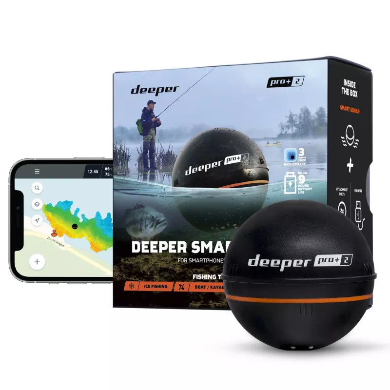 Deeper Smart Sonar PRO+ 2 fish finder lanciabile, 100/240/675 kHz, profondità 100 m, Wi-Fi, GPS, fino a 9 ore, nero