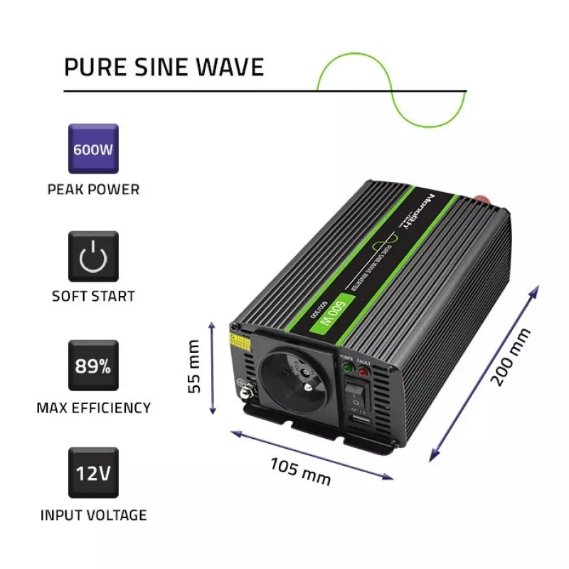 Inverter per auto Qoltec Monolith 600 W 12 V