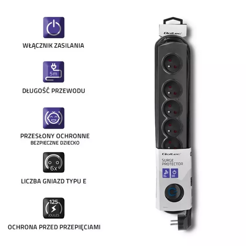 Protezione da sovratensione Qoltec 50172 nero 6 prese AC 230V 5 m