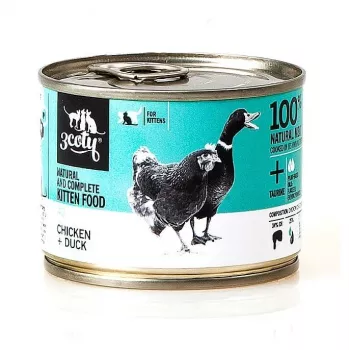 Cibo umido per gatti 3coty pollo e anatra per gattini 180 g — alimento completo, proteine 20%, grassi 9%, umidità 69,2%