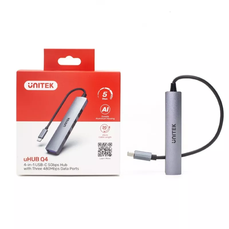 Hub USB-C Unitek H1208B — 1x USB-A 5 Gbit/s, 3x USB-A 2.0, host USB-C, case in alluminio, cavo 0,20 m