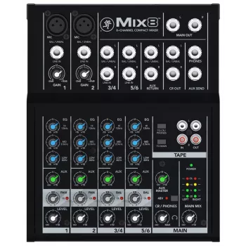 Mixer Mackie Mix8 — mixer analogico compatto a 8 canali, 20–30000 Hz, impedenza ingresso microfono 3800 Ω, 198×244×53 mm