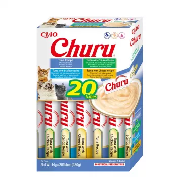 Snack umidi per gatti INABA Churu confezione assortita — tonno, 20 x 14 g bustine, pasta, umidità 88%, proteine 8,5%