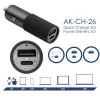 Akyga AK-CH-26 caricabatterie da auto GaN 12/24 V, 100 W, USB-C PD 3.0 + USB-A QC 3.0, grigio