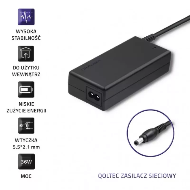 Qoltec 50769 alimentatore desktop 36 W, 12 V, 3 A, 5,5 x 2,1 mm, con cavo di alimentazione
