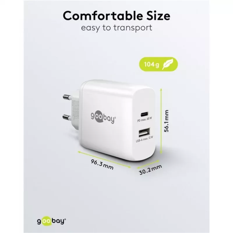 Caricabatterie rapido duale USB-C, PD, GaN, 65 Watt (bianco, 1x USB-C, 1x USB-A, Power Delivery)
