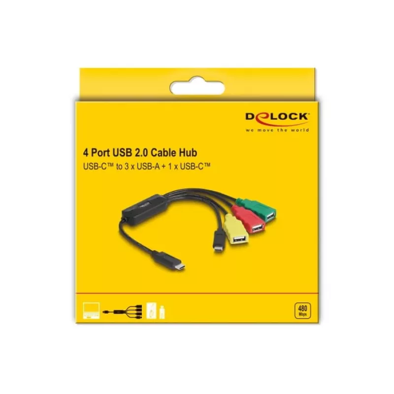 Hub USB DeLOCK 4 porte USB 2.0 con cavo USB Type-C su 3 x USB-A femmina + 1 x USB-C maschio