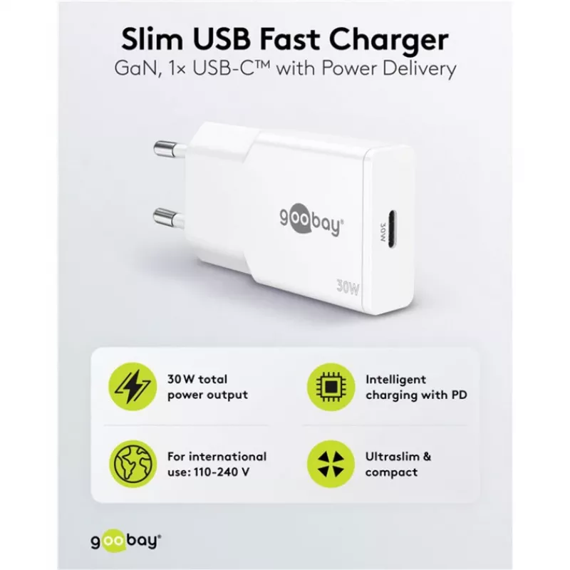 Caricabatterie rapido sottile USB-C PD GaN (30 W) (bianco)