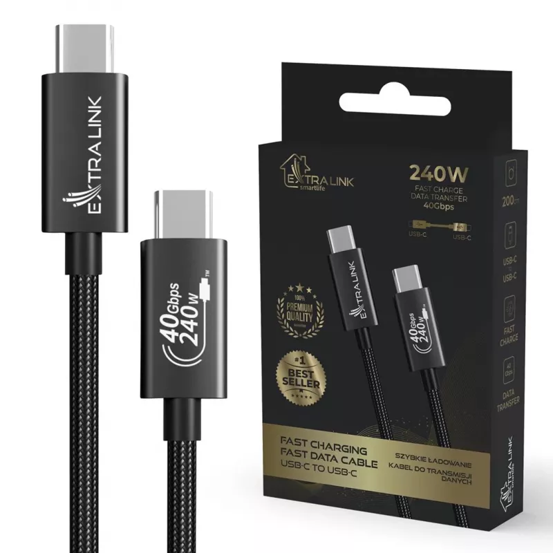 Extralink Smart Life CABESL05 cavo USB-C a USB-C, intrecciato, 240 W, 40 Gbps, 2 m, nero