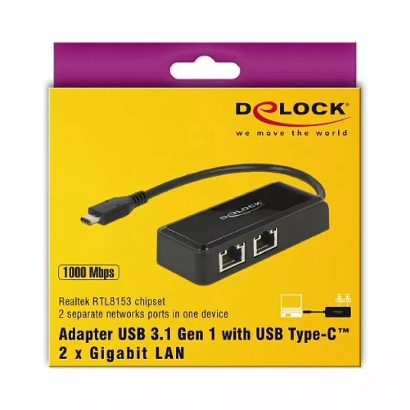 DeLOCK 63927 Adattatore da USB-C a 2x Gigabit LAN, nero