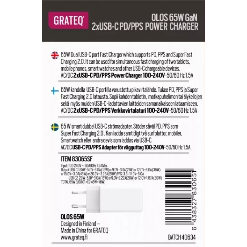 GRATEQ OLOS caricabatterie da parete PD/PPS, 2x USB-C, GaN, 65 W