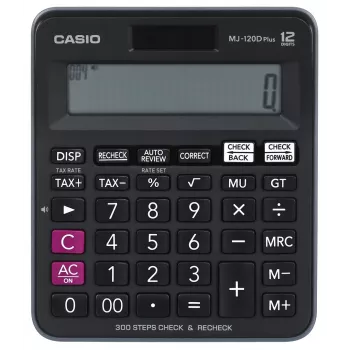 Calcolatrice da tavolo CASIO MJ-120D PLUS — semplice 12 cifre, batteria/solare, 35 tasti, tasse e radice quadrata, nera