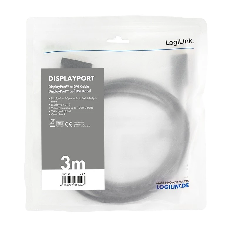Adattatore cavo video LogiLink CV0132 DisplayPort a DVI 3 m nero