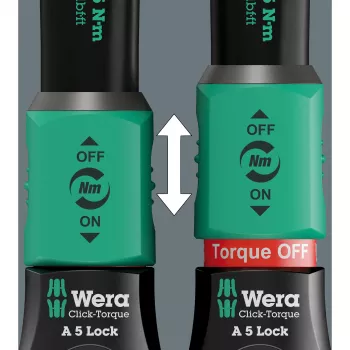 Chiave dinamometrica con cricchetto reversibile Click-Torque Lock A 5 nero/verde, attacco 1/4, da 2,5 a 25 Nm