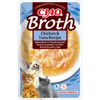 Snack umido per gatti INABA Ciao Broth pollo e tonno 40 g — snack liquido carnoso in bustina, proteine 9,4%, umidità 88%