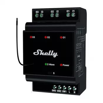 Relè smart per guida DIN Shelly WavePro3 3 canali Z-Wave, 110–240 V, 25 A per canale, AES-128, montaggio DIN