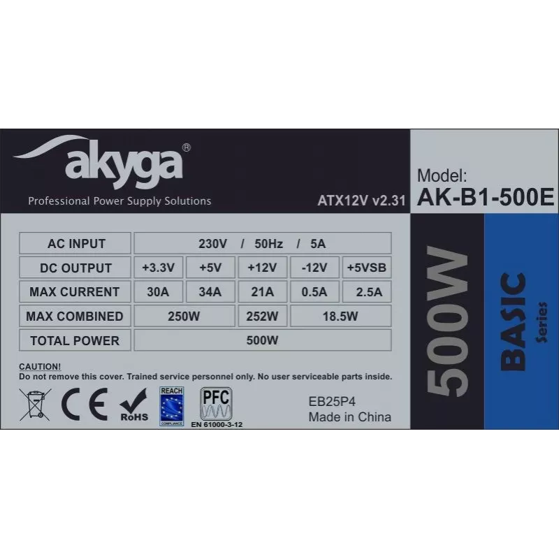 Alimentatore ATX Akyga AK-B1-500E Basic 500 W, PFC passivo, ventola da 120 mm, grigio