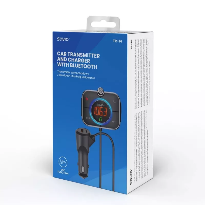 Trasmettitore FM SAVIO TR-14 Bluetooth USB, FM 87,6–107,9 MHz, MicroSD, USB-C, alimentazione auto 12 V