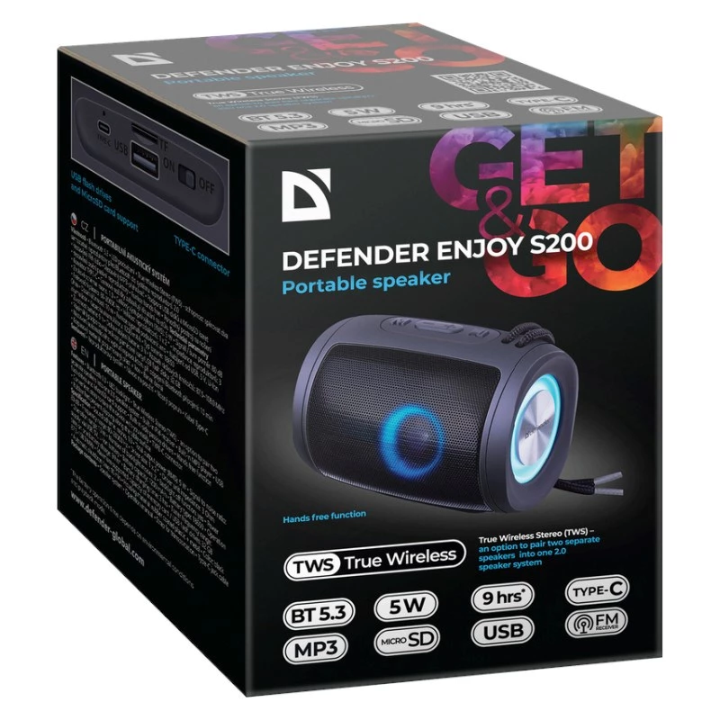 DEFENDER Enjoy S200 65200 altoparlante Bluetooth portatile, TWS, 5 W, luce LED, FM, microSD, batteria da 10 h, nero