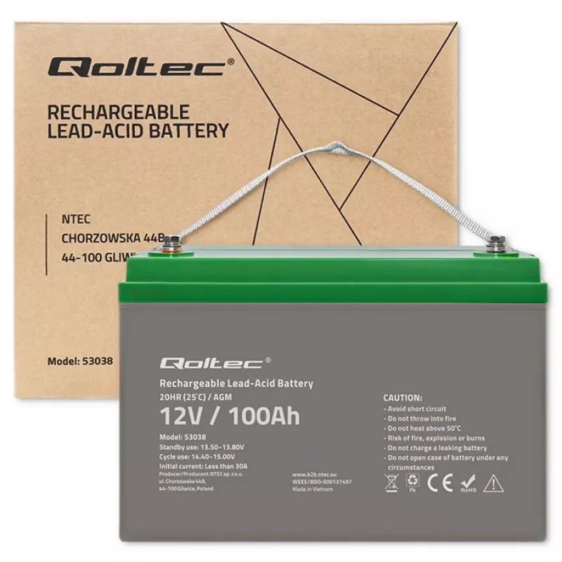 Qoltec 53038 batteria AGM | 12V | 100Ah | max 1200A