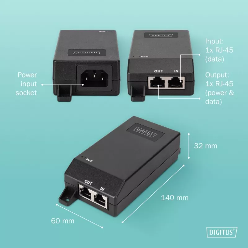 Injector PoE+ Gigabit Ethernet Digitus 802.3at 30 W nero