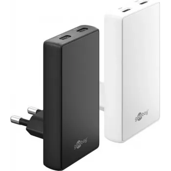 Caricabatterie rapido doppio Goobay USB-C PD GaN 90° Flat 65 W nero - 2x -porte (75725)