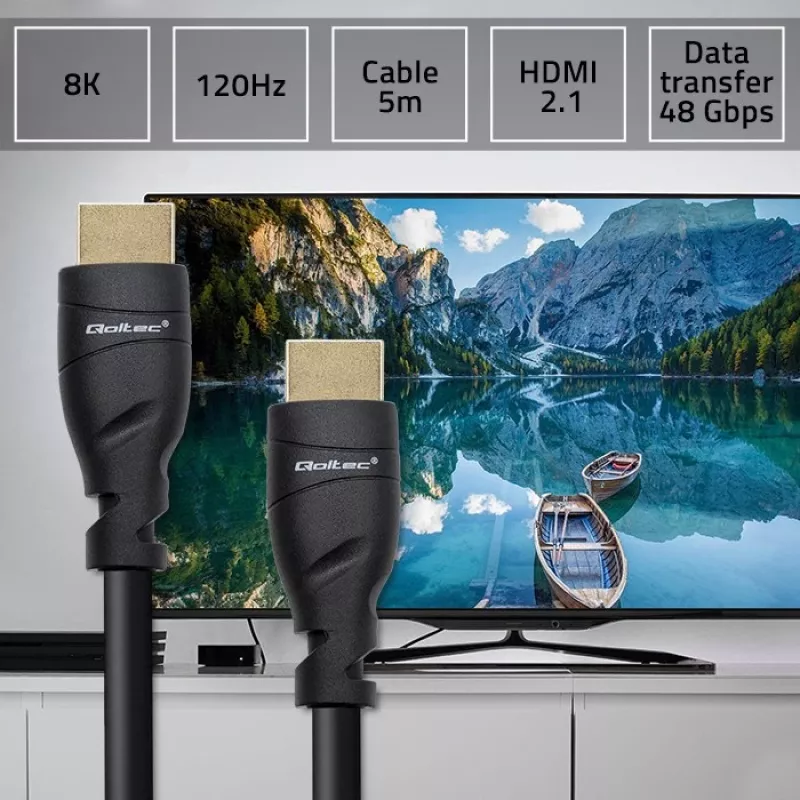 Cavo HDMI 2.1 QOLTEC 5 m — 48 Gbit/s, 8K@60Hz, 26AWG, connettori placcati oro