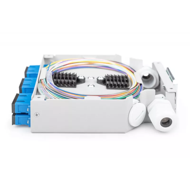 Box per guida DIN in fibra ottica DIGITUS DN-963890, OS2, adattatore SC con pigtail da 2 m, acciaio, blu/grigio
