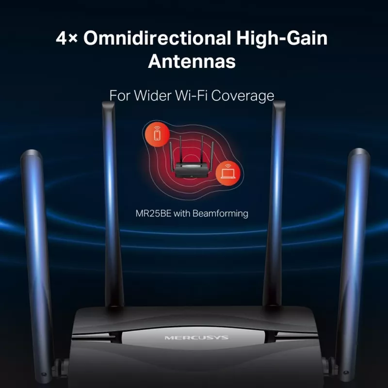 Router da tavolo MERCUSYS MR25BE EasyMesh Wi‑Fi 7 dual‑band 2,4/5 GHz, 3600 Mbit/s, 3× Gigabit-LAN, 4 antenne esterne